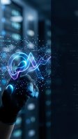 Hand holding glowing blue and purple digital wave with data visualization and upward trending graph for technology, finance, analytics, and business growth concepts.