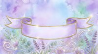 Watercolor floral background with lavender flowers, green foliage, and ornate gold ribbon banner on pastel purple and blue gradient. Isolated design element for invitations, greeting cards, and decorative projects.