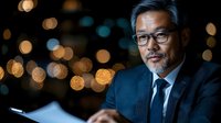 Mature Asian businessman with glasses working late at office with documents and warm bokeh lights in background creating professional atmosphere.
