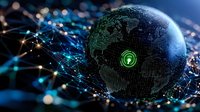 Digital globe with glowing green security lock icon floating in dark space surrounded by connected network lines and illuminated data points, representing cybersecurity and global protection.