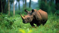 Endangered black rhinoceros walking through lush green grass and vegetation in natural African savanna habitat, side view of powerful wild animal with distinctive horn.