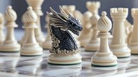 Fantasy chess set featuring detailed metallic dragon piece among traditional white wooden pieces on marble board, dramatic close-up highlighting intricate craftsmanship.