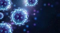 Coronavirus particles floating in dark space with glowing blue and purple light effects for medical education and healthcare presentations.