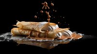 Fresh crepes with caramel sauce dripping and splashing, dusted with powdered sugar on dark background with reflection, dramatic food photography.