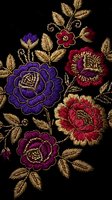 Luxury floral embroidery with gold thread on black fabric featuring colorful roses and leaves in traditional decorative needlework style.