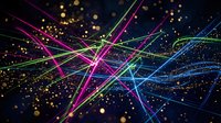 Colorful neon light rays and glowing particles burst across dark background, creating dynamic energy flow effect suitable for tech, digital, and modern design projects.