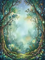 Enchanted forest pathway with towering trees, glowing magical lights, and lush green foliage creating a mystical woodland scene for fantasy and children's book illustrations.