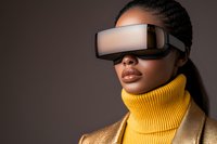 Young African American woman wearing VR headset and yellow turtleneck sweater exploring virtual reality technology on dark background.