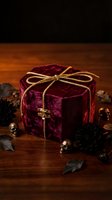 Luxurious burgundy velvet gift box with golden rope bow surrounded by festive ornaments and pine cones on rustic wooden surface for holiday celebrations.