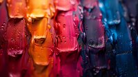 Vibrant smeared paint texture with water droplets creating dramatic abstract background in pink, orange and blue colors with wet glossy surface effect.