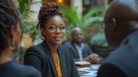 Professional African American businesswoman with glasses and braided hair smiling during corporate meeting with colleagues in modern office setting.