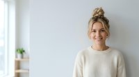 Young woman with blonde hair styled in a top bun, fair complexion, wearing a cream-colored ribbed sweater, smiling at camera in bright interior space with white walls.