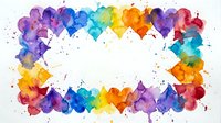 Vibrant watercolor heart frame with rainbow colors and paint splatters on white background, perfect for romantic designs and creative projects.