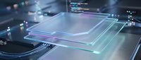 Futuristic computer processor chip with glowing holographic interface and digital circuits on metallic surface for technology and innovation concepts.