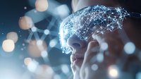 Glowing digital network forms human skull profile against dark background with bokeh lights, representing artificial intelligence and digital transformation.