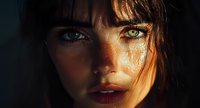 Close up portrait of young woman with freckles, green eyes and dark bangs in dramatic lighting, golden hour sunlight highlighting natural skin texture.