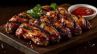 Grilled chicken wings glazed with honey barbecue sauce, garnished with fresh parsley and sea salt, served on wooden board with spicy dipping sauce.