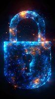 Glowing cosmic padlock with nebula texture and starry particles in blue and orange colors against dark background, symbolizing digital security and encryption.