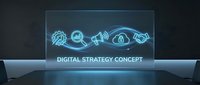 Digital strategy concept with glowing neon icons representing technology, communication, security, and business growth on holographic display.