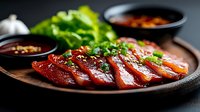 Sliced char siu pork belly with red glaze and green onions served on wooden plate, accompanied by dipping sauce and fresh lettuce leaves. Asian cuisine setup.