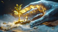 Surreal miniature scene with glowing golden palm tree and tiny figure standing on floating island in giant blue hand, magical fantasy concept art for creative design.