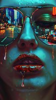 Close-up portrait with sunglasses reflecting neon city lights, metallic red lips dripping with liquid gold drops against turquoise-tinted skin in dramatic lighting.