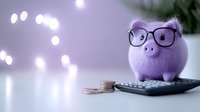 Cute purple piggy bank with glasses sitting on calculator with coins, financial planning and savings concept for budgeting and money management education.