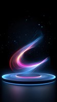 Abstract glowing spiral light trails in neon blue and pink colors against dark background, floating above illuminated circular platform with particle effects.
