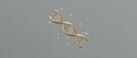 Golden DNA double helix structure with sparkling particles on gray background for medical and scientific presentations.