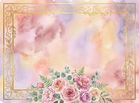 Watercolor floral arrangement with roses and ferns on soft pastel background, framed by ornate gold decorative border, suitable for invitations and greeting cards.