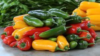 Fresh colorful sweet peppers and hot chili peppers on gray surface, mix of red, yellow and green varieties, close up view of raw vegetables.