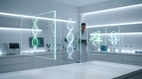 Scientist examining glowing DNA helix models in modern laboratory with glass partitions, neon lighting, and advanced research equipment for biotechnology and genetic engineering projects.