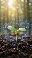 Green seedling sprouting from soil with digital circuit overlay representing sustainable technology and eco-innovation in natural forest environment.