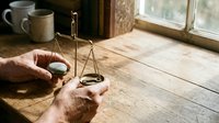 Hands holding vintage brass scales of justice on rustic wooden table near window with warm natural lighting for legal concepts and fairness themes.