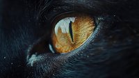 Close-up macro shot of orange cat eye with detailed iris patterns and black fur surrounding the eye socket for wildlife photography projects.