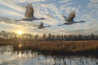 Whooping cranes flying over wetland marsh at sunrise, silhouetted against golden morning sky with dramatic clouds reflecting in calm water among autumn reeds.