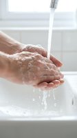 Hands washing under running water with soap bubbles in white bathroom sink for hygiene and cleanliness routine.