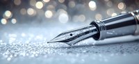 Fountain pen nib with water droplets on glittering silver surface against blurred bokeh lights background, macro photography capturing luxury writing detail.