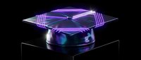 Futuristic holographic display projecting purple neon geometric patterns from sleek device on black background for technology and sci-fi concepts.