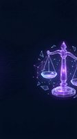 Digital justice scales with neon purple glow and geometric fragments on dark background for legal technology and law firm branding concepts.