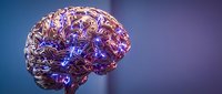 Digital brain with glowing neural networks and synaptic connections in purple and blue tones for medical and technology concepts.