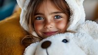 Young girl with freckles and bright blue eyes wearing cozy white plush animal hood smiles warmly while cuddling soft toy, creating heartwarming childhood moment.