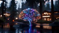 Glowing mushroom with colorful LED lights illuminating dark forest landscape, magical evening scene reflected in still water with bokeh lights and cabins.