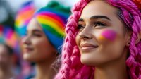 Young woman with pink braided hair and rainbow face paint smiling at pride parade celebration, expressing joy and authenticity while celebrating LGBTQ+ community.