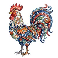 Ornamental rooster with intricate folk art patterns in red, blue, and gold tones. Isolated decorative bird design suitable for textiles, home decor, and apparel applications.