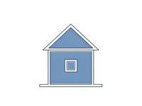 Simple blue house icon with triangular roof and square window isolated on white background for real estate and home design projects.