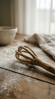Rustic wooden whisk dusted with flour on an aged wooden table with linen cloth and ceramic bowl, soft natural light, farmhouse baking concept.