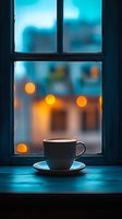 Cup of coffee on windowsill at dusk with blurred city lights creating bokeh effect through window glass, moody atmospheric composition in blue and orange tones.