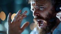 Frustrated bearded male customer service representative with headset gesturing emotionally while handling difficult call at night office with bokeh lights.