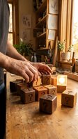 Senior craftsman hands arranging wooden question mark blocks in warm workshop setting with natural lighting and creative workspace atmosphere.